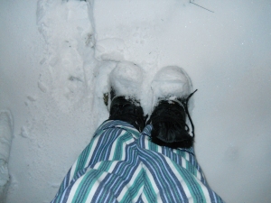 P J's, snow boots (not tied)...and snow...yes...snow...at midnight!